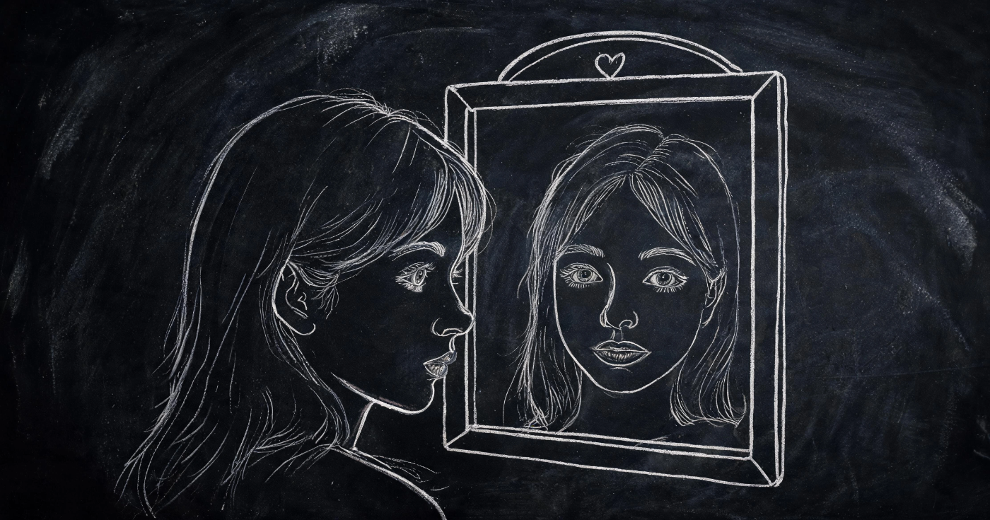 Desenho à mão de um espelho refletindo um rosto que se reconhece.